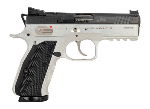 CZ Shadow 2 9mm, 4" Barrel, Polished, Black Slide, Silver, Serrated Rear, Fiber Optic Front, Optics Ready, Manual Safety, 2x15rd Mags