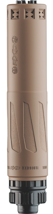 Dead Air Armament RXD 910Ti, Suppressor, 9mm, 64A1-4V Titanium Construction, Cerakote Finish, Flat Dark Earth, Includes 1/2X28 Thread Pitch Piston and Install Tool